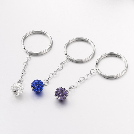 Round Polymer Clay Rhinestone Keychain, 316 Surgical Stainless Steel Key Rings, 67mm