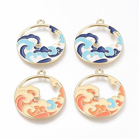Chinese Style Alloy Enamel Pendants, Cadmium Free & Lead Free, Flat Round with Sea Wave, Golden