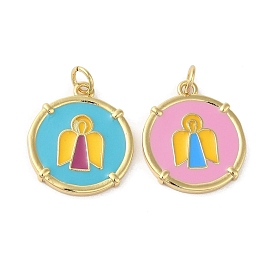 Rack Plating Brass Enamel Pendants, with Jump Ring, Long-Lasting Plated, Cadmium Free & Lead Free, Real 18K Gold Plated, Flat Round with Angel Charm