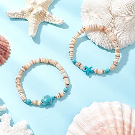 2Pcs Starfish & Tortoise Natural Freshwater Shell with Synthetic Turquoise Beads Stretch Bracelets for Men Women
