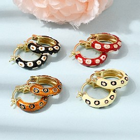 Flower Pattern Brass Enamel Hoop Earrings, Rack Plating, Long-Lasting Plated, Cadmium Free & Lead Free, Real 18K Gold Plated