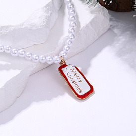 Christmas Alloy Enamel Pendant Necklaces, White Round Imitation Pearl Beaded Necklaces, Golden, Santa Claus Gift Box Rectangle