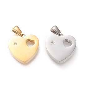Valentine's Day Ion Plating(IP) 304 Stainless Steel Pendants, Cut-Out, with Rhinestone, Manual Polishing, Heart with Hollow Heart