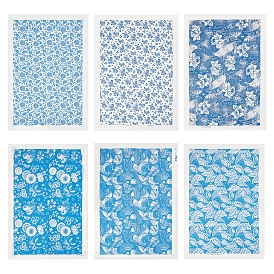 6шт. 6 стили бумажные керамические наклейки, гончарная керамика глиняная переводная бумага, подглазурная цветочная бумага, бело-голубой фарфор стиле