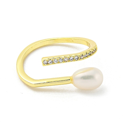 Brass Micro Pave Cubic Zirconia Open Cuff Rings, with Natural Pearl