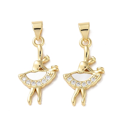 Brass Micro Pave Cubic Zirconia Pendants, Cadmium Free & Lead Free, with Shell, Real 18K Gold Plated, Ballet Dancer