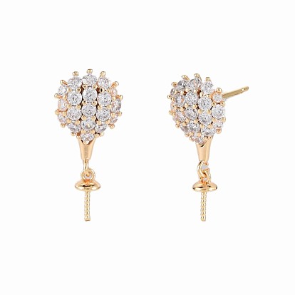 Brass Micro Pave Clear Cubic Zirconia Stud Earring Findings, for Half Drilled Beads, Nickel Free, Hot-air Balloon