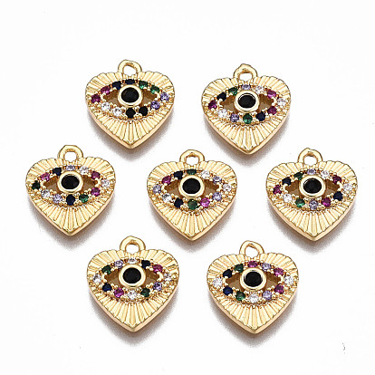 Brass Micro Pave Cubic Zirconia Charms, Nickel Free, Heart with Eye