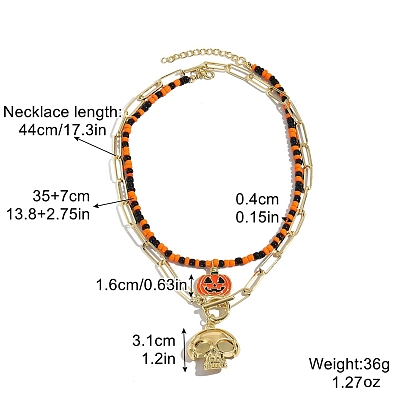 Goth Halloween Alloy Enamel Pendants Necklaces, Glass Seed Beads Layered Necklaces for Women