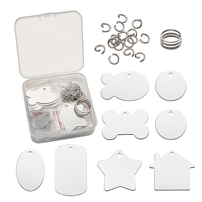 Алюминиевые подвески, штамповка пустой метки, с 304 кольцами из нержавеющей стали и вспомогательным инструментом из латуни, звезда и дом, рыба, овал, кость, прямоугольник и плоский круг