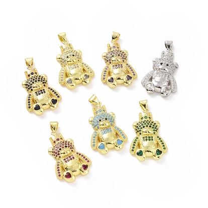 Brass Cubic Zirconia Pendants, Cadmium Free & Lead Free, Golden/Platinum, Bear with Heart & Bowknot Charm