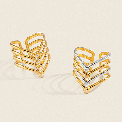 304 Stainless Steel Rhinestone Layered Cuff Open Rings for Women