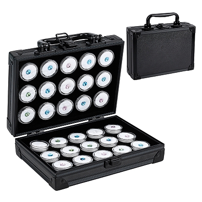Rectangle Black Aluminum & MDF Organizer Handled Boxes, with 30Pcs ABS Plastic Round Loose Diamond Packing Cases, with Sponge Inside