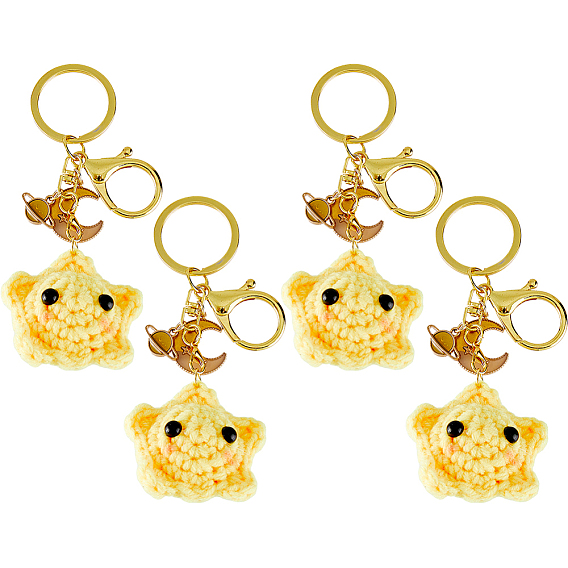 4Pcs Handmade Yarn Star with Alloy Enamel Pendant Keychains, with Zinc Alloy Lobster Claw Clasps and Split Key Rings, Planet & Moon & Star