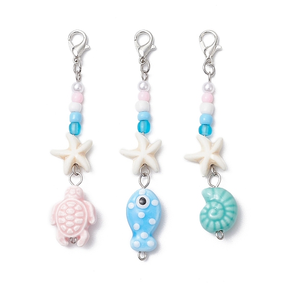 Handmade Porcelain Pendant Decorations, with Synthetic Turquoise Starfish and Acrylic & ABS Plastic Beads