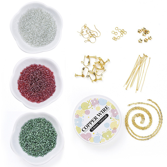 DIY Earring Making, with Glass Seed Beads, 304 Stainless Steel Bead Caps, Brass Jump Rings, Ball Head Pins, Earring Wire Hooks, Clip-on Earring Findings, Iron Cable Chains, Copper Wire