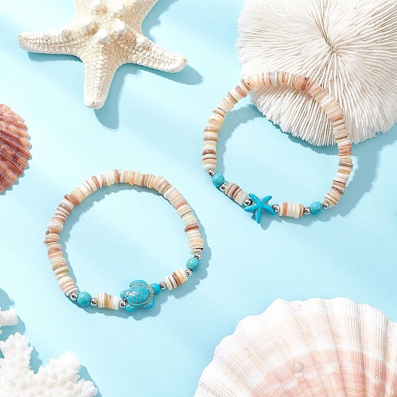 2шт., морские звезды и черепахи, натуральные пресноводные ракушки с синтетическими бирюзовыми бусинами, эластичные браслеты для мужчин и женщин