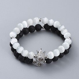 Ensembles de bracelet extensible, avec des perles rondes oeil de chat, perles rondes en pierre de lave naturelle, perles couronne en zircone cubique et entretoises en acier inoxydable 304, avec des sacs de paking de toile de jute