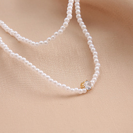 Sparkling Double-layered Pearl Necklace with Multi-layered Rhinestone Pendant