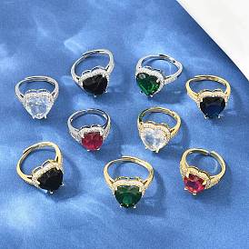 Heart Brass Micro Pave Cubic Zirconia Cuff Open Rings for Women, with Glass, Cadmium Free & Lead Free, Rack Plating, Real 18K Gold Plated/Platinum