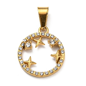Vacuum Plating 304 Stainless Steel Pendants, with Rhinestone, Ring with Star Charm