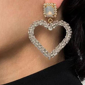 Sparkling Diamond Heart Earrings for Women - Glamorous Alloy Party Jewelry with Full Rhinestone Claw Chain