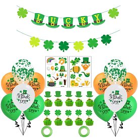 Saint Patrick's Day Theme Rubber Party Decoration Kit, Including Clover Banner Flag, Balloon, Cake Toppers, Stickers, Silk Ribbon for Party Home Decoration