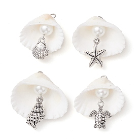 4Pcs 4 Styles Copper Wire Wrapped Shell Pendants, Shell Shaped Charms with Glass Pearl & Alloy Charms