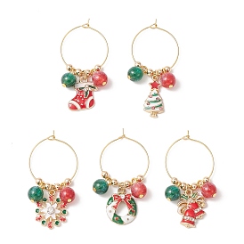 Christmas Theme Alloy Enamel Wine Glass Charms, with Brass Wine Glass Charm Rings and Resin Beads, Wreath/Bell/Tree/Snowflake/Sock