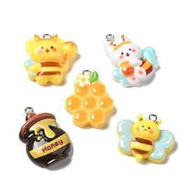 Pendentifs en résine opaque thème abeille, avec boucles en fer couleur platine
