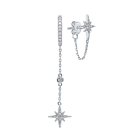 925 Sterling Silver Star Tassel Hoop Earrings, with Clear Cubic Zirconia, Left and Right