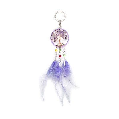 Wire Wrapped Natural Amethyst Chip Tree of Life Pendant Keychain, with Feather and Iron Key Ring