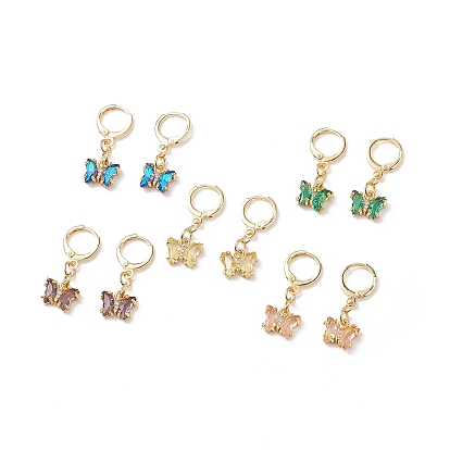5 Pair 5 Color Cubic Zirconia Butterfly Dangle Leverback Earrings, Brass Jewelry for Women