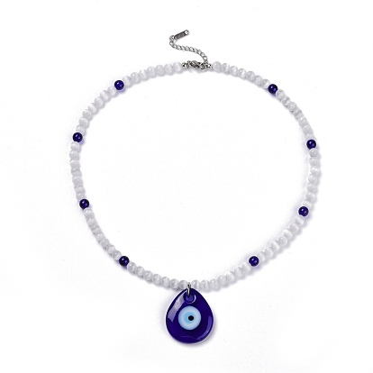 Lampwork Teardrop  with Evil Eye Pendant Necklaces, with Cat Eye and Glass Beads