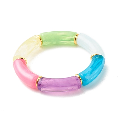 Acrylic Tube Beaded Stretch Bracelets, with Brass Beads