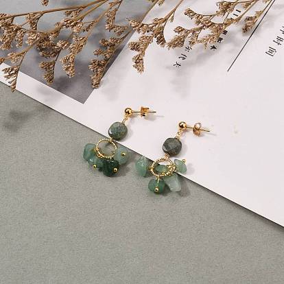 Gemstone Dangle Stud Earrings, with Golden Plated 304 Stainless Steel Stud Earring, Brass Linking Rings & Ear Nuts