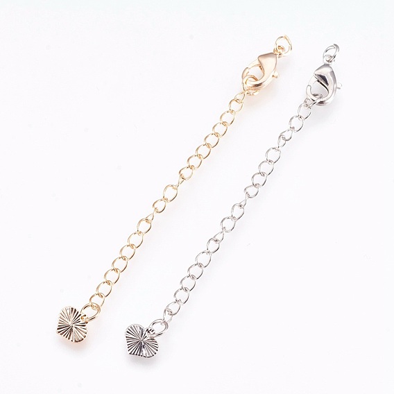 Brass Chain Extender, with 304 Stainless Steel Lobster Claw Clasps, Cadmium Free & Lead Free, Heart