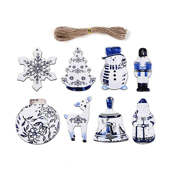 8 шт. рождественские подвесные украшения из дерева с односторонним УФ-отпечатком, разнообразные, подвесные украшения из джутовой веревки, вырезанные лазером деревянные формы