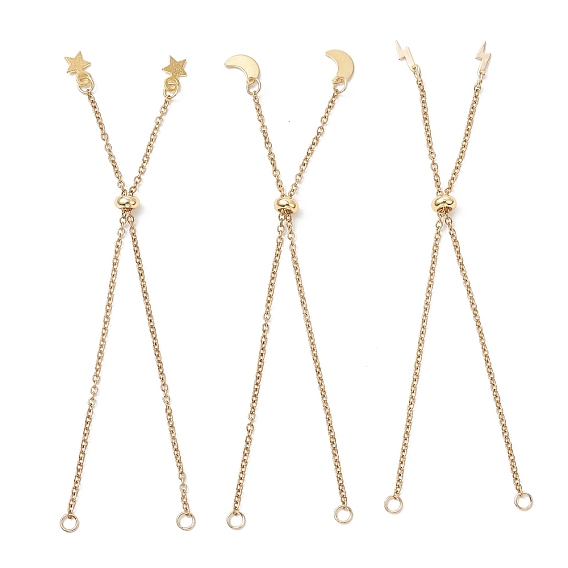 3 шт. 3 стили 2.5 мм латунный кабель цепочка слайдер браслет изготовление, с 304 подвесками-молниями из нержавеющей стали в форме луны, звезды и молнии