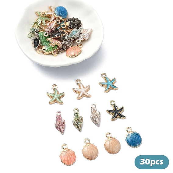 30 шт 15 стили подвески из сплава эмали, морская звезда и форма раковины, золотой свет