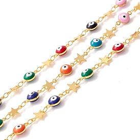 Handmade Brass Enamel Link Chains, Flat Round with Evil Eye and Star, Long-Lasting Plated, Soldered, with Spool, Lead Free & Cadmium Free, Golden