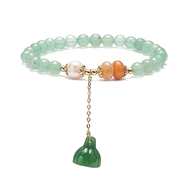 Natural Green & Red Aventurine & Pearl Beaded Stretch Bracelet, Gemstone Bracelet with Glass Lotus Seedpod Tassel Charms for Women