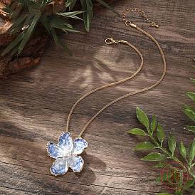 Alloy Blue Enamel Camellia Flower Pendant Necklaces, Rope Chain Necklaces for Women