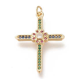 Brass Micro  Pave Cubic Zirconia Pendants, with Jump Rings, Cross with Flower, Colorful, Real 18K Gold Plated
