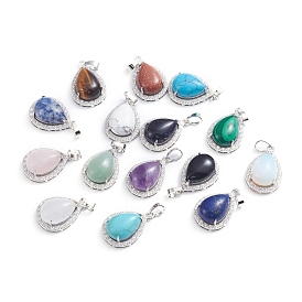 Gemstone Pendants, with Platinum Plated Brass Settings and Crystal Rhinestone, Teardrop
