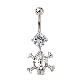 Piercing Jewelry Real Platinum Plated Brass Rhinestone Pirate Style Skull Navel Ring Belly Rings