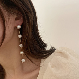 Super long natural pearl tassel earrings women's chain ear wire temperament earrings