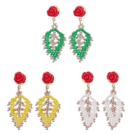 Boucles d'oreilles roses avec perles de rocaille en forme de feuille, avec 304 perles en acier inoxydable et en résine, or