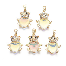 Brass Cubic Zirconia Pendants,  with Glass and Brass Snap on Bails, Nickel Free, Real 18k Gold Plated, AB Color Plated, Bear