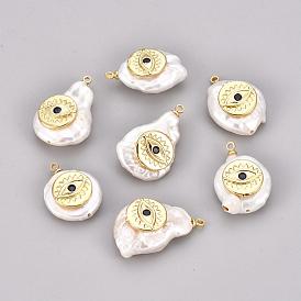 Pendentifs de perles d'eau douce de culture naturelle, avec accessoires zircon cubique micro pave en laiton, rond et plat avec des mauvais œil